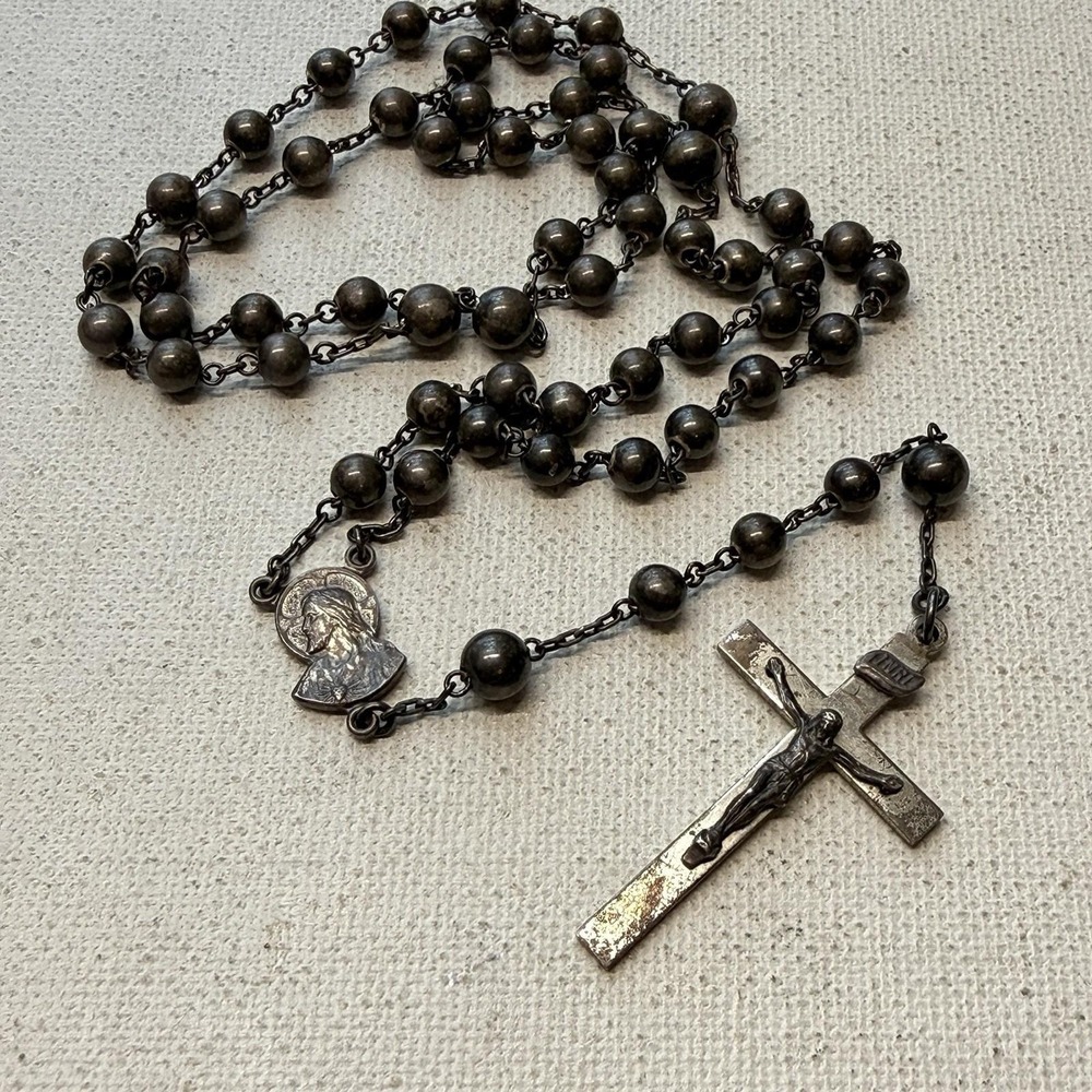 Old Sterling Silver Rosary Crucifix Necklace 16.3 gr 24" Long 5mm Beads